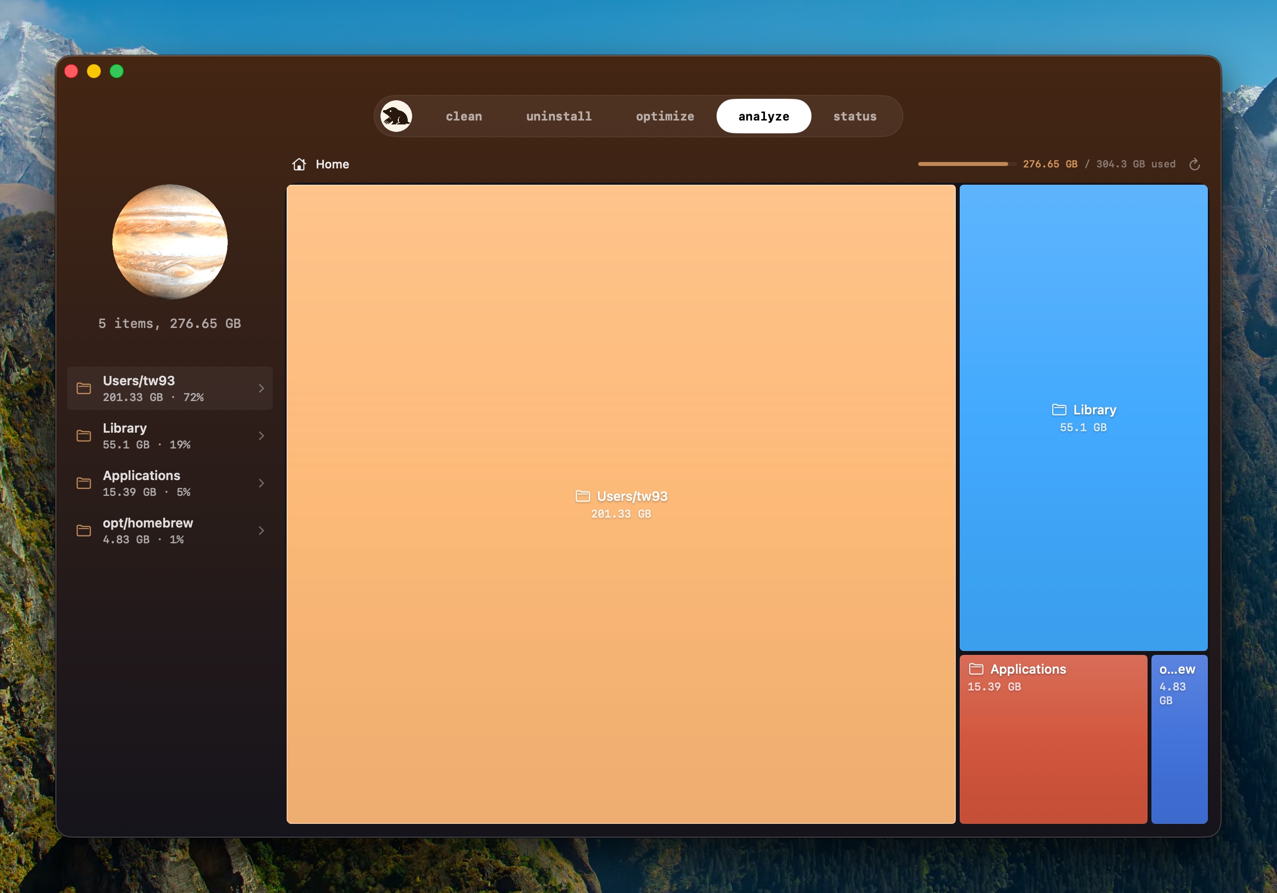 Analyze tab showing a treemap of disk usage